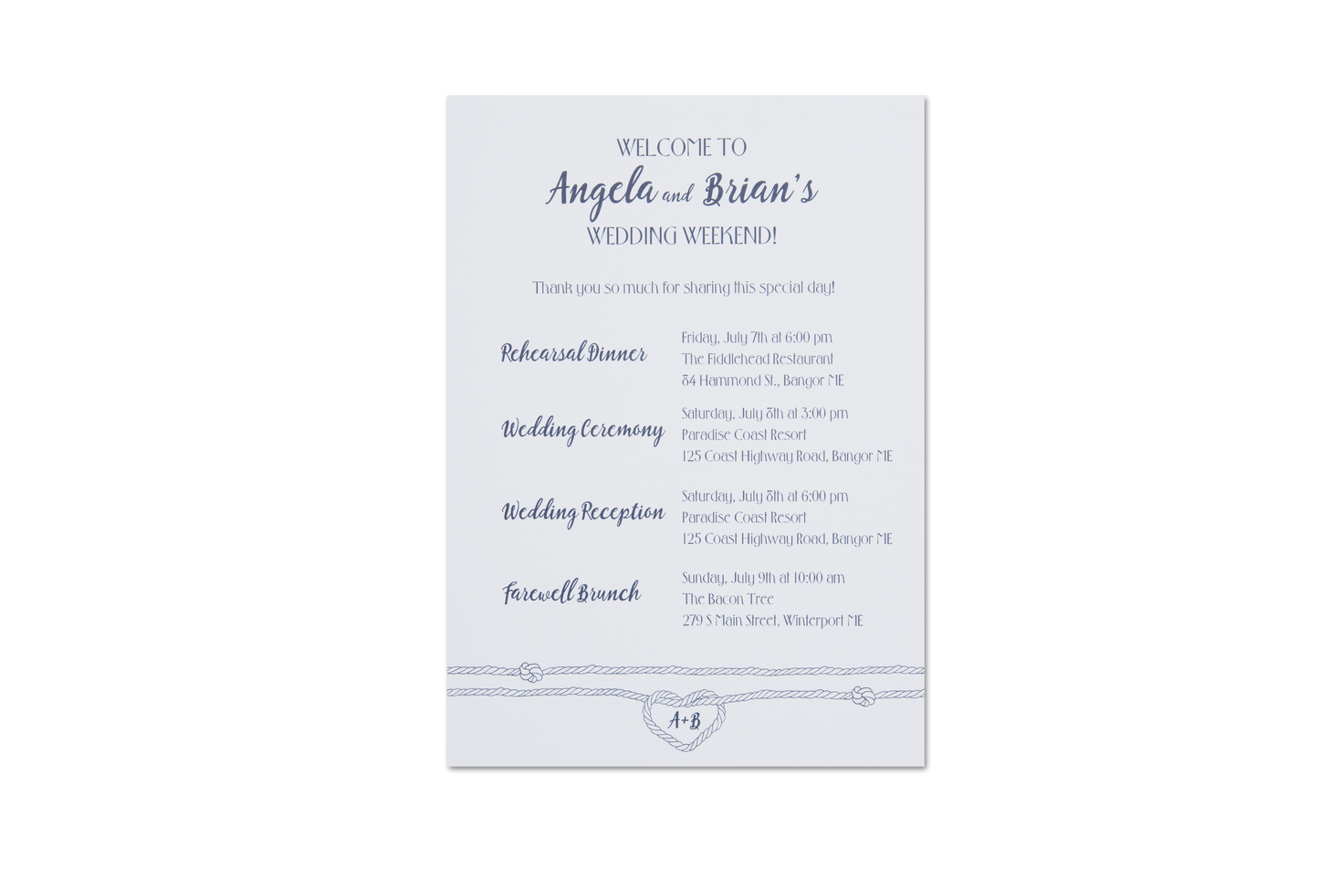 Rowboat Wedding Itinerary Cards