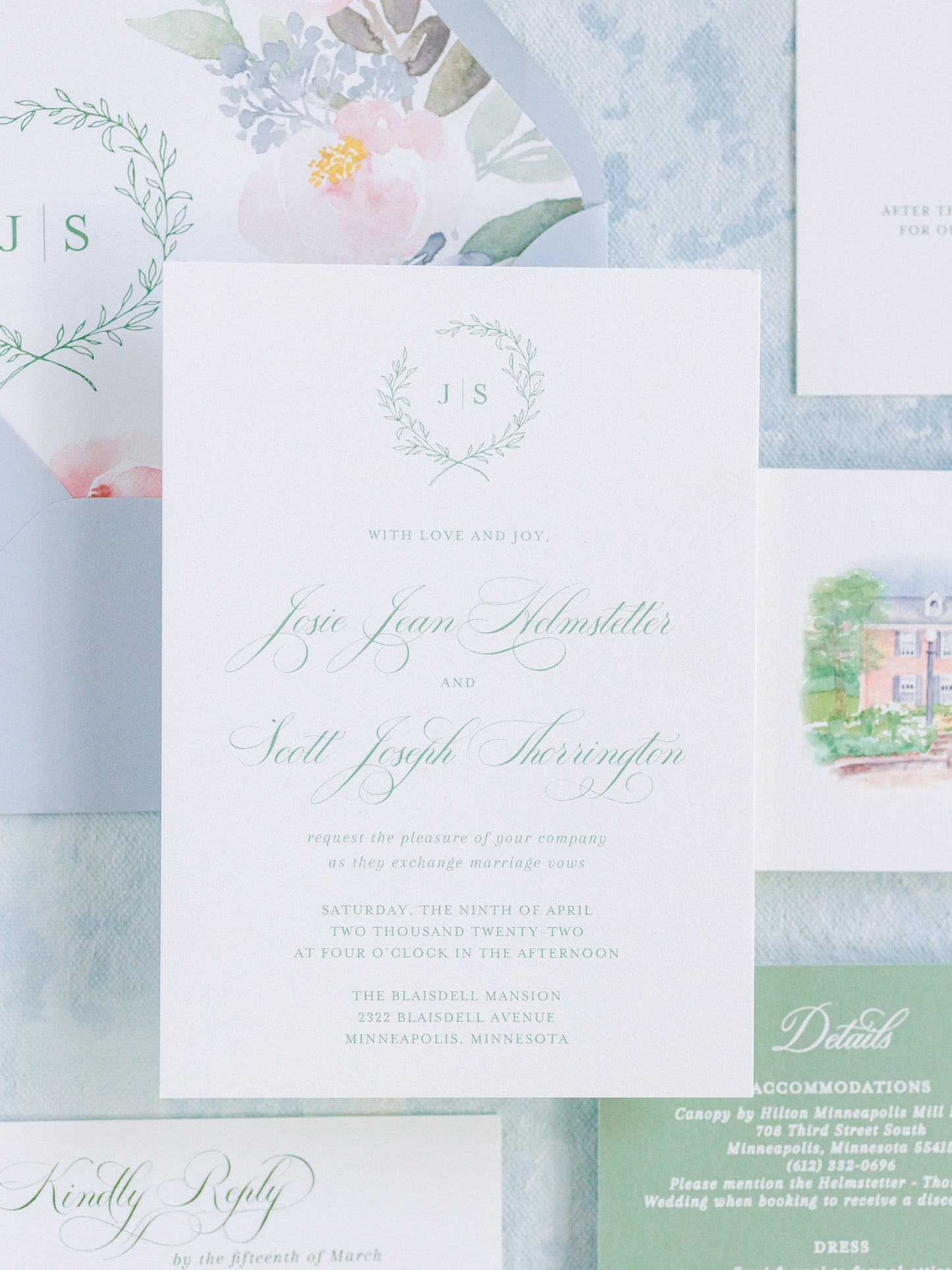 Simple Wreath Monogram Invitation Suite