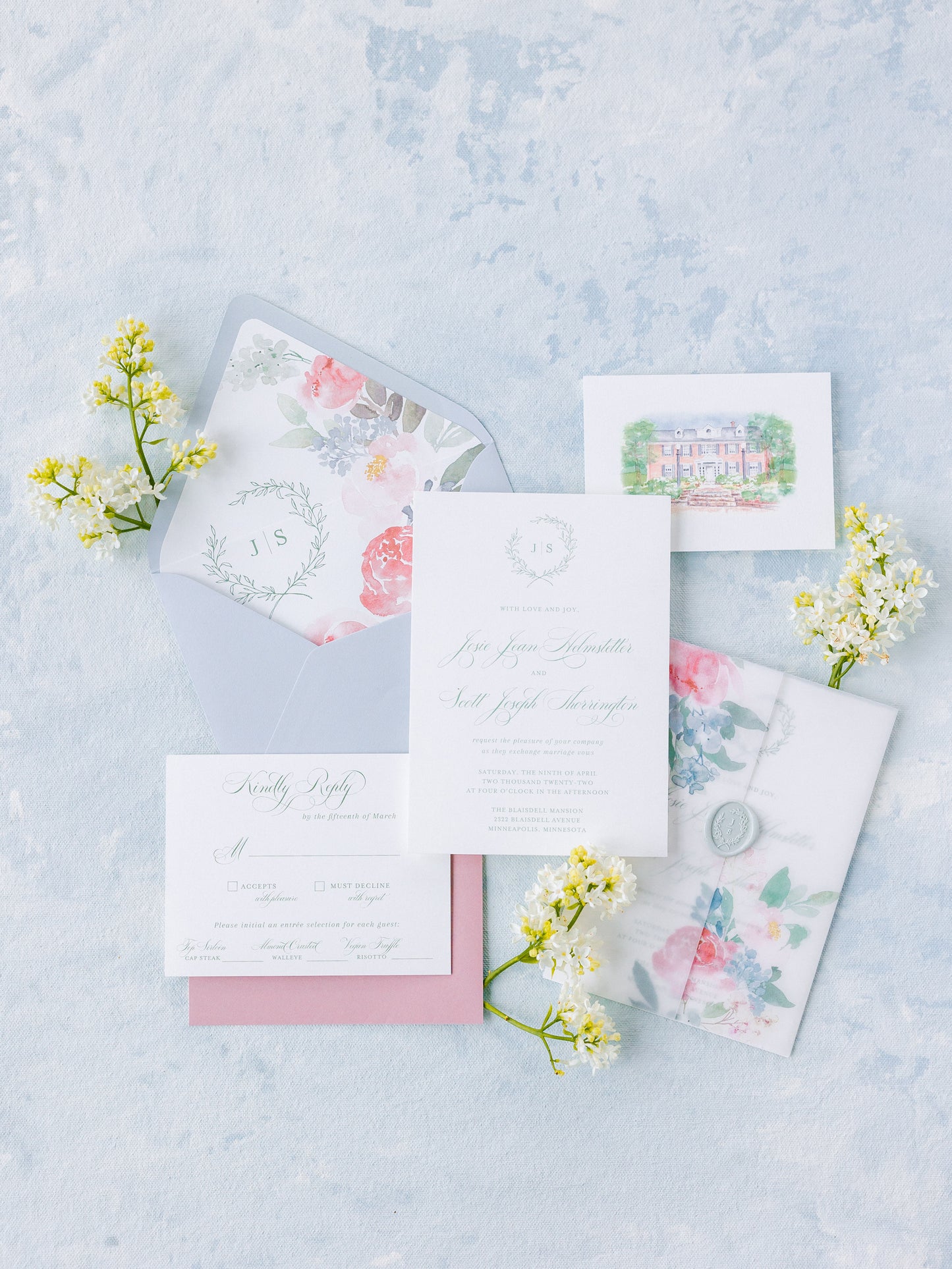 Simple Wreath Monogram Invitation Suite