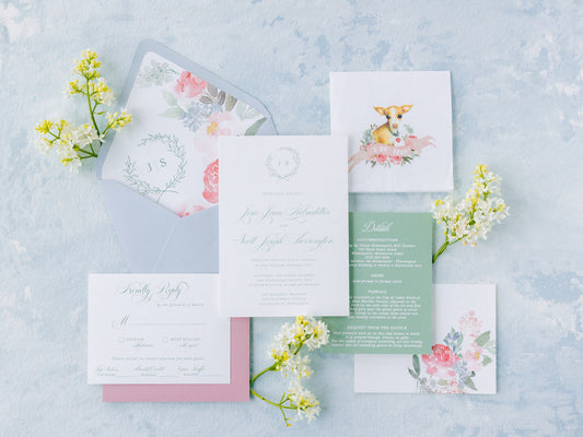 Simple Wreath Monogram Invitation Suite