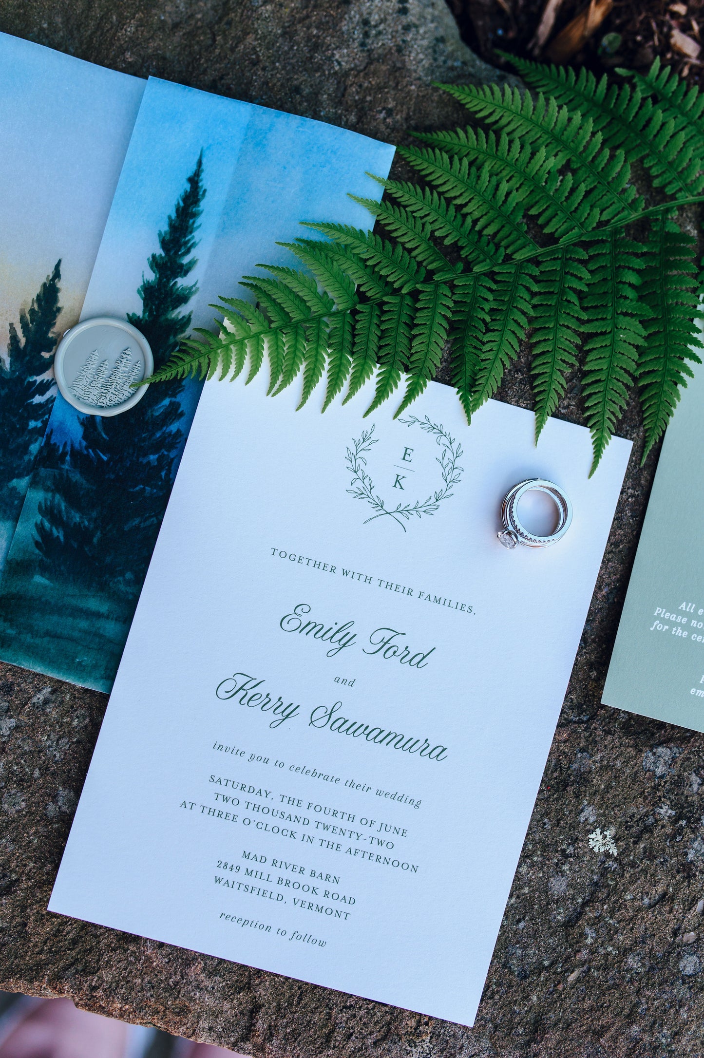 Simple Wreath Monogram Invitation Suite