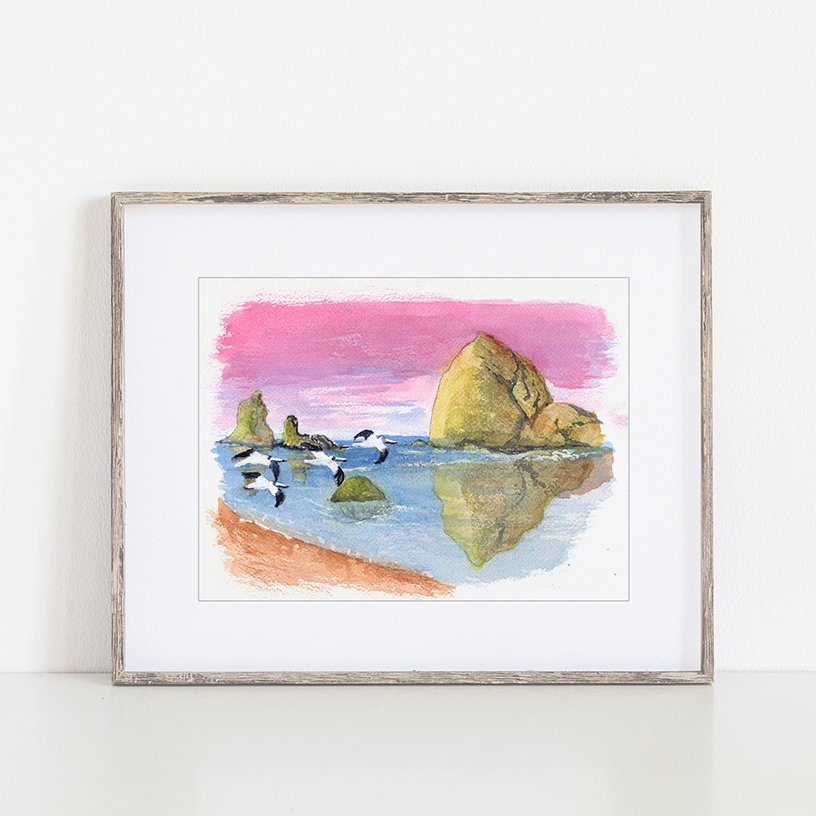 Haystack Beach, Oregon Watercolor Art Print