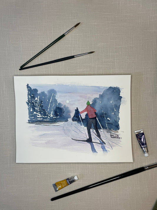 Crosscountry Skiing Watercolor